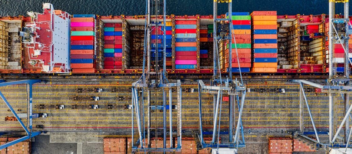 aerial container ship in harbour