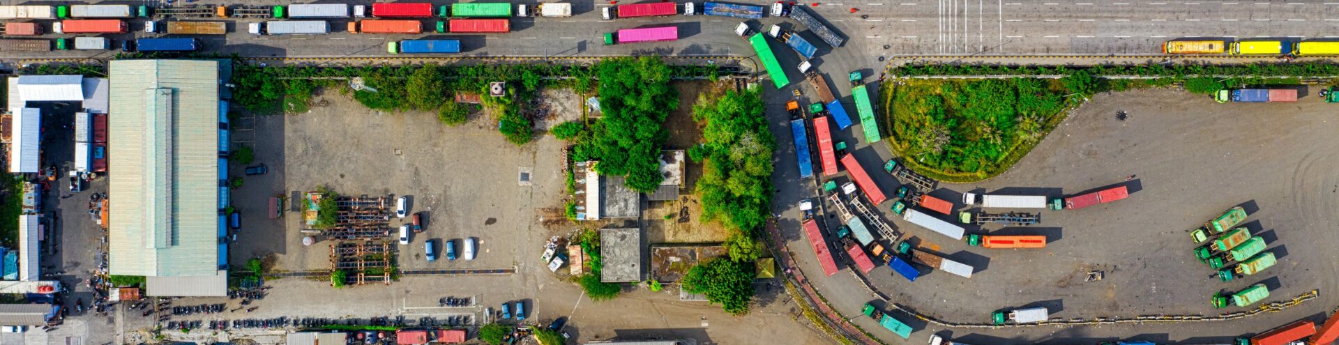 aerial view of the truck queue in the harbour