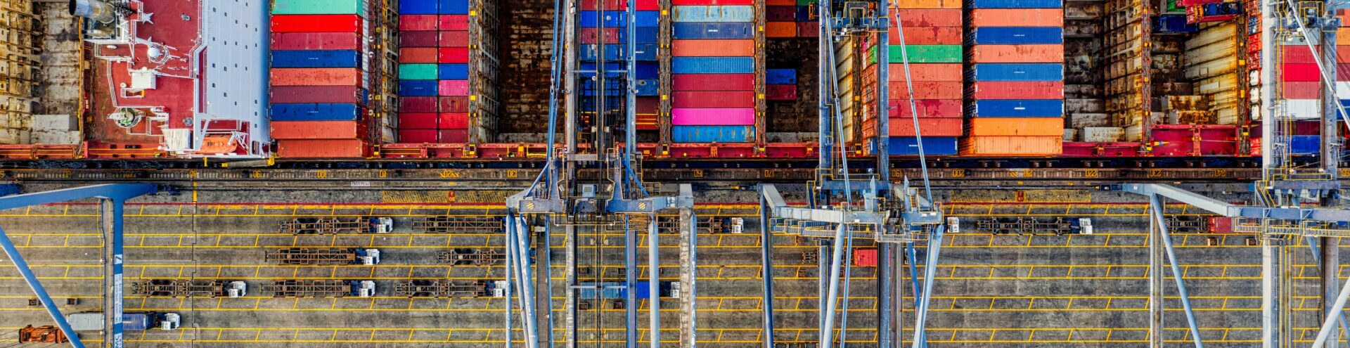 container ship in harbour from above